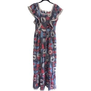 Vintage Homemade  Red White Blue Faux Quilt Patriotic Print Dress. S